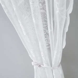 White French retro lace door curtain with floral embroidery and wavy edges tied with ribbon