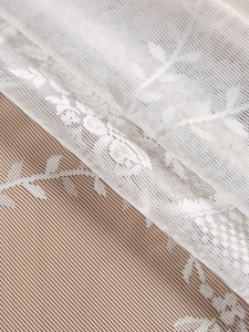Macro detail of intricate white lace tablecloth showing floral embroidery and mesh texture