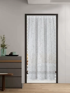 Detailed view of floral warp-knitted lace curtain with scalloped edges for home decor
