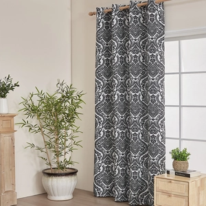 Black and white Damascus floral blackout curtains with silver metal grommets for home decor