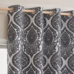 Close-up of black and white damask pattern blackout curtain with silver metal grommets