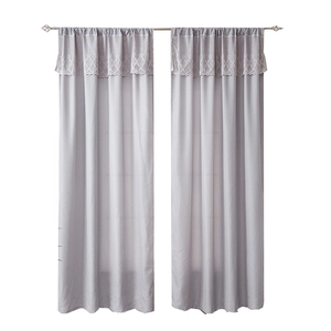 Elegant gray-purple sheer curtains with floral lace valance for living room decor