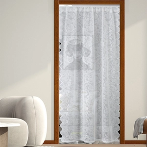 White French lace door curtain with floral patterns and scalloped edges for home decor