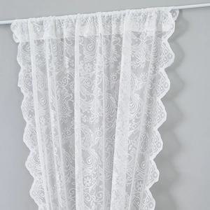 White French vintage floral lace door curtain with scalloped edges and rod pocket