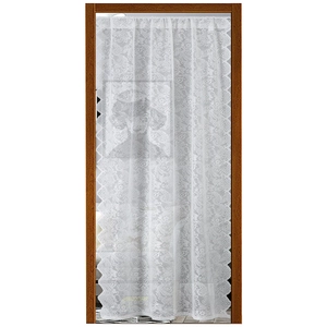 White French vintage lace door curtain with floral patterns and scalloped edges