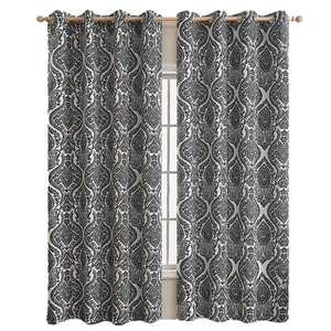 Set of 2 black and white vintage floral blackout curtains with silver metal grommets