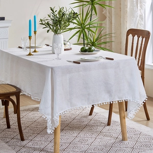 Rectangular Tablecloth Linen Textured Pom Pom Trim Nordic Style Dustproof Decorative Dining Table Cover