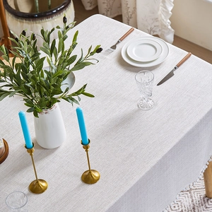 Minimalist beige linen tablecloth with pom-pom lace edge for rectangular dining table decor