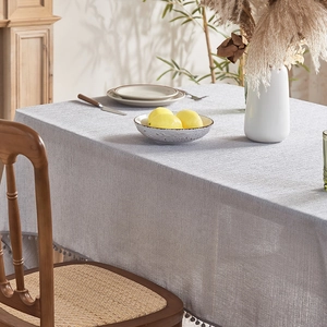 Minimalist grey linen texture tablecloth with pompom edge fringe for rectangular tables