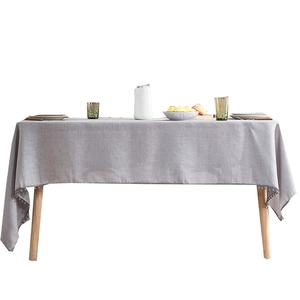 Nordic minimalist rectangle tablecloth in light grey-purple with pom-pom fringe trim