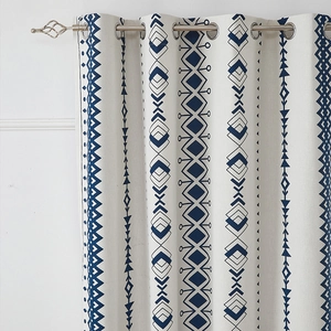 Close-up of blackout curtain with navy geometric patterns and silver metal eyelets