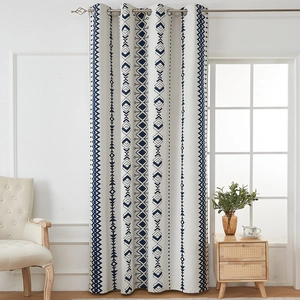 Blue geometric bohemian patterns on beige blackout cotton linen curtains for bedrooms