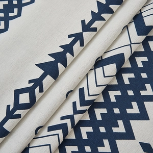 Modern geometric navy blue blackout curtain with thick cotton linen texture and rings