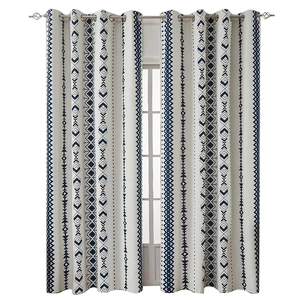 Pair of blackout curtains with blue tribal geometric patterns and metal grommets