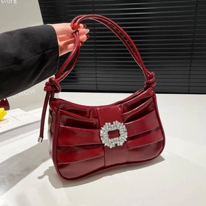 Women's Pleated Underarm Bag PU Leather Shoulder Bag With Crystal Buckle Knotted Strap French Retro Elegant Handbag For Party Wedding Daily Fashion Crossbody Bag
