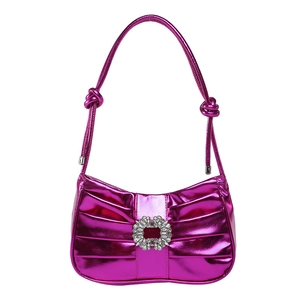 Glossy rose red pleated underarm bag with sparkling rhinestone buckle and knotted strap