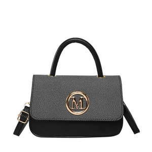 Petit sac à main carré bicolore gris et noir avec logo M doré et bandoulière amovible