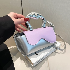 Metallic Handle Crossbody Bag Women PU Leather Contrast Color Flap Shoulder Handbag Fashion Casual Modern Style