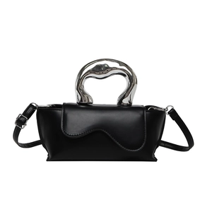 Minimalist black matte leather crossbody bag with artistic silver liquid metal handle