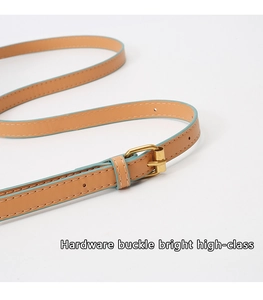 Détail de la bandoulière en cuir marron clair avec boucle dorée et bordure bleue