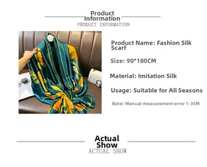 Detailed view of dark green silk scarf with yellow sunflowers and 90x180cm size info