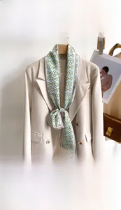 Détail d'un foulard en soie 12x148cm avec motif mors attaché au col d'un blazer beige