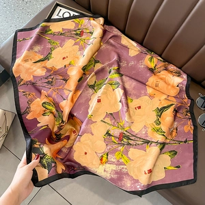 Elegant Square Scarf Women Faux Satin Satin Lightweight Sun Protection Shawl Artistic Oil Painting Floral Pattern Accessory