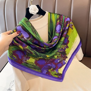 Artistic abstract printed silk scarf with vibrant purple and yellow oil painting pattern