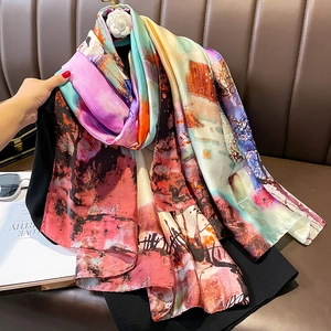 Écharpe À Imprimé Peinture À L'huile Artistique Châle Élégant En Imitation Satin Protection Solaire Paréo De Plage Pour Femmes Style Vintage