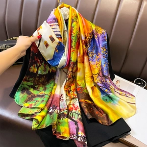 Écharpe de mode en soie avec imprimé peinture à l'huile aux couleurs éclatantes