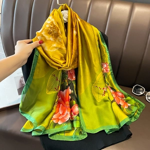 Fashion Satin Scarf For Women Floral Print Faux Satin Shawl Sun Protection Beach Wrap Chinese Style Lightweight Elegant