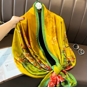 Elegant Chinese style floral silk scarf in vibrant yellow and green for beach sunscreen use