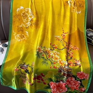 Traditional floral print silk scarf with peony and pavilion motifs in green and yellow