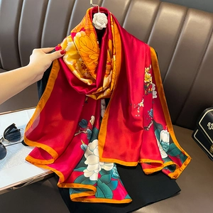 Large floral printed silk beach shawl in vibrant red with elegant peony pattern