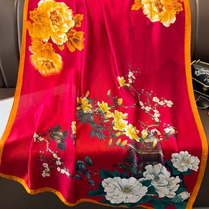 Elegant red floral silk scarf with oversized peony prints and classic Chinese style