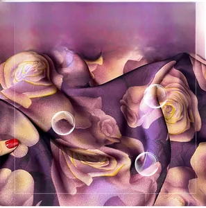 Detail of soft imitation silk fabric with elegant pink and purple rose flower patterns