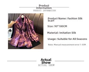 Detailed view of purple floral silk scarf with large rose prints, size 180x90cm