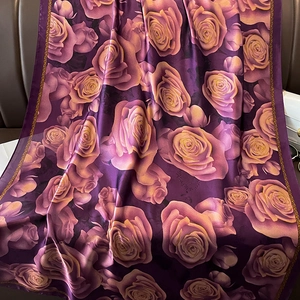 Floral silk scarf with purple rose pattern and gold vintage borders in draped display