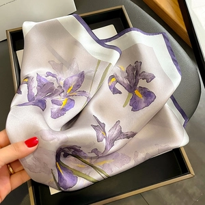 Elegant purple iris printed silk scarf presented in a premium black square gift box
