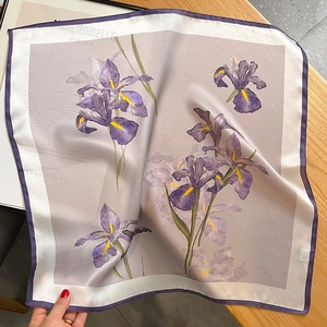 Elegant lilac silk square scarf featuring realistic iris floral patterns and satin finish