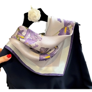 Elegant purple iris silk scarf for women featuring a floral satin pattern and square design