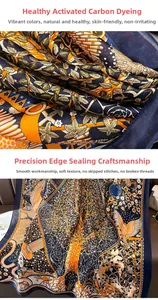 Detailed view of the fine edge stitching and botanical bird print on a silk-like scarf
