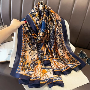 Women Large Scarf Shawl Bird Floral Print Sun Protection Polyester Satin Beach Wrap Retro Elegant Lightweight