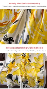 Macro detail of floral silk scarf showing precision edge stitching and yellow flower pattern