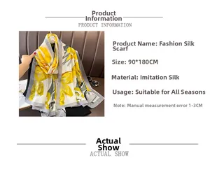 Detail of 90x180cm silk scarf with yellow and grey floral print made of faux silk