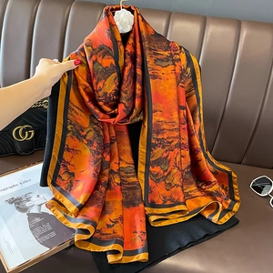 Chinese Landscape Print Satin Scarf Shawl Satin Soft Lightweight Large Fashionable Sunscreen Wrap For Women