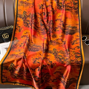 Elegant faux silk scarf featuring red Chinese landscape art and premium black border