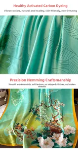 Detailed view of lotus print silk scarf featuring fine hand-rolled edges and vibrant colors