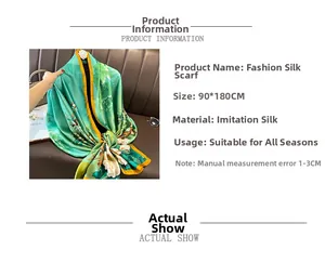 Detail showing 90x180cm lotus print silk scarf size chart with bright green floral pattern