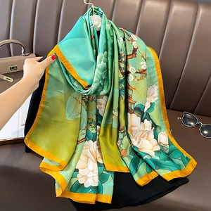 Fashion Floral Printed Scarf Elegant Faux Satin Shawl Lightweight Large Wrap For Women Chinese Style Lotus Pattern